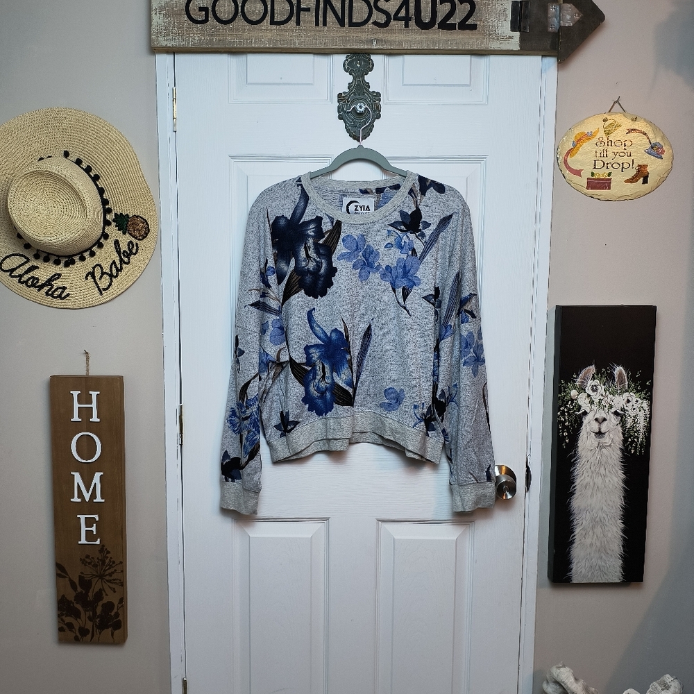 ZYIA Active Gray Blue Floral Print Crop Sweatshirt Boho Athleisure Women’s XXXL